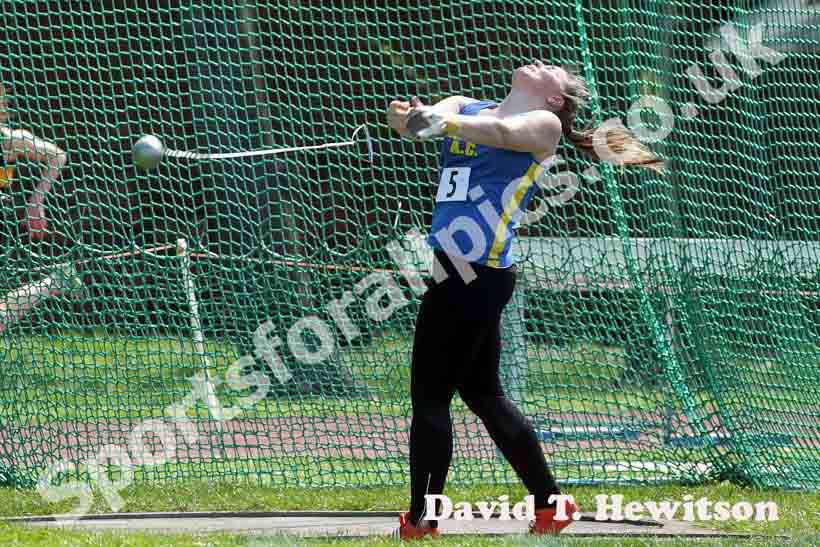 Katy Wilson (Birtley) wins the hammer with 47.97 in the North of England, Div. 4E, Whitley Bay.